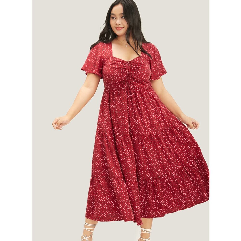 NWT BloomChic Red Polka Dot Drawstring Ruffle Tiered Ruched Pocket Midi Dress